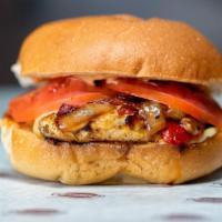 Cajun Grilled Chicken Burger · Grilled chicken breast with cajun seasoning, topping with roasted red peppers, sautéed onion...