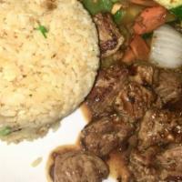 Filet Mignon Teriyaki Dinner · Served with white rice, miso soup, and green salad.