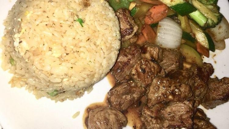 Filet Mignon Teriyaki Dinner · Served with white rice, miso soup, and green salad.