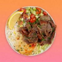 Beef And Lamb Gyro Rice Bowl · Marinated beef and lamb over basmati rice with hummus, diced cucumber and tomato salad, shre...