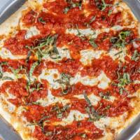 Grandma Pie · Thin Sicilian crust with plum tomatoes, fresh garlic, and fresh basil with gourmet mozzarell...