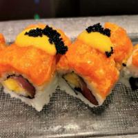 Robbinsville Roll · Spicy. Tuna, mango inside, spicy salmon on the top with mango sauce.