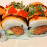 White Snow Roll · Crunchy spicy tuna, crunchy spicy salmon and avocado inside, with torched white tuna, scalli...