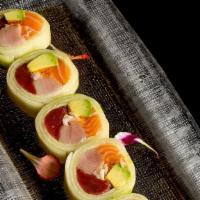 Naruto Roll · Salmon, tuna, yellow tail, avocado, king crab and tobiko, inside wrapped in paper thin cucum...