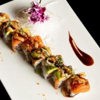 Angel Roll · Spicy. Pepper tuna, cucumber, crunchy inside, eel and salmon on the top with honey wasabi sa...