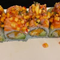 Sweet Heart Roll · crunchy sp shrimp and avocado inside, torched salmon on top with sp mango salsa