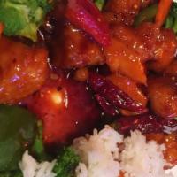 General Tso-Chicken · Spicy. Crispy chicken nugget with hot pepper and honey sauce.