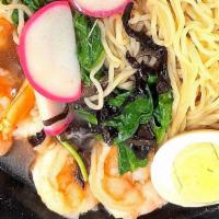 Yummy Japanese Ramen-Shrimp · Steamed shrimp with kikurage mushroom, spinach, scallion, soft boiled egg, chicken shoyu bro...