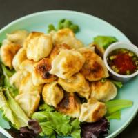 Fried Mini Dumplings (25 Pieces) · Choice of protein: chicken or pork.