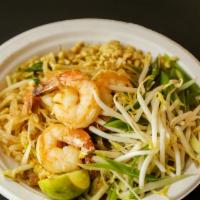 Pad Thai · A must try. Mung bean glass noodles, egg, turnip, tofu, bean sprouts, and peanuts.