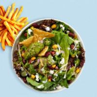 Mexican Mayhem Salad · (Vegetarian) Mixed greens, pico de gallo, black beans, corn, cilantro, avocado, cotija chees...
