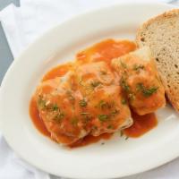 Stuffed Cabbage (Golabki) · (4) Beef and pork, onions and rice served with a tomato sauce and sliced rye.