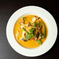 Red Curry · Bamboo shoot, bell pepper, eggplant, basil, and coconut milk. Hot and spicy.