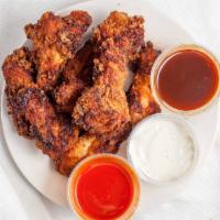 Old School Wings · buffalo, black jack and bleu cheese sauces on the side.