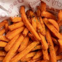 Sweet Potato Fries · Deep-fried yam sticks topped with sugar. Served with honey mustard.
