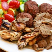 Greek Combo Platter · Falafel shish kebab and gyro. served with greek salad and choice of french fries or rice.