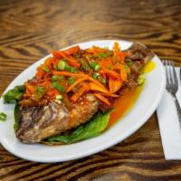 Escabecheng Tilapia · (deep-fried seasoned tilapia covered with over special vegetable sweet and sour sauce)
