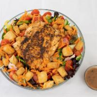 James River · Mixed greens, grilled salmon, roasted corn, carrots, cherry tomato, cucumbers, croutons, bal...