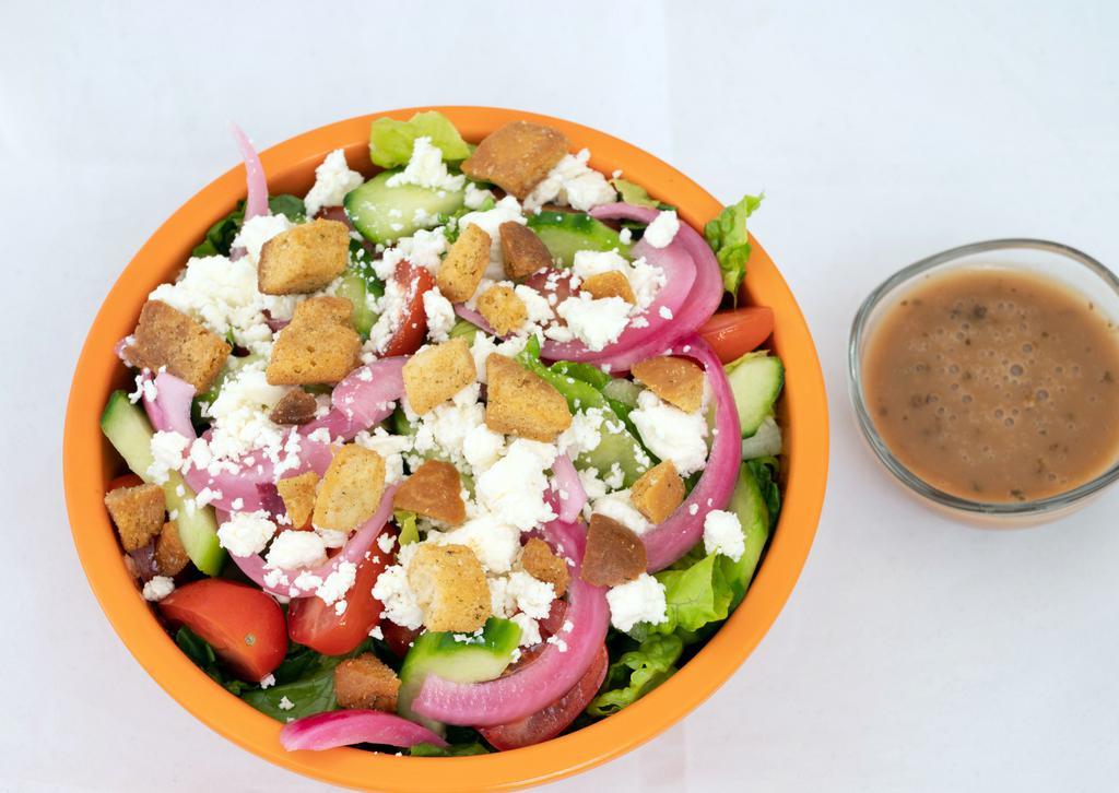 Greek Salad · Romaine, croutons, feta, grape tomatoes, cucumbers, and pickled red onions suggested dressing: balsamic vinaigrette