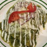 Enchiladas Verdes C/Carne De Su Eleccion · Carnes: Pollo, Bistec, Cecina, Enchilada, Al Pastor, Chorizo, Carnitas o Vegetales.