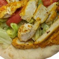 Chicken Gyro · Grilled Chicken Topped with Lettuce Tomatoes ,White Sauce and Hot Sauce, all served on a Pit...