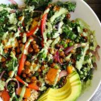 Tahini Kale Bowl · Kale, quinoa, sweet potatoes, red pepper, red onion, parsley, cilantro, avocado, roasted chi...
