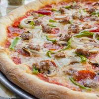 Works · Sausage, pepperoni, mushrooms, peppers, and onions.