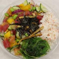 Rainbow Love · Ahi tuna, salmon, sweet onion, edamame, cucumber, mango, crabmeat salad, seaweed salad, roas...