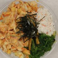 Spicy Shrimp And Chicken · Shrimp, chicken, sweet onion, edamame, cucumber, mango, seaweed salad, crabmeat salad, onion...
