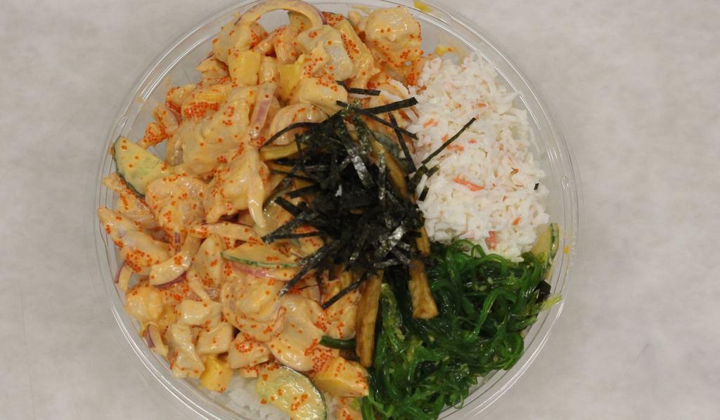 Spicy Shrimp And Chicken · Shrimp, chicken, sweet onion, edamame, cucumber, mango, seaweed salad, crabmeat salad, onion crisps, sesame seed, spicy aioli.