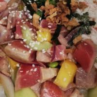 Yuzu Albacore Tuna · Albacore tuna, sweet onion, edamame, cucumber, mango, seaweed salad, crabmeat salad, onion c...