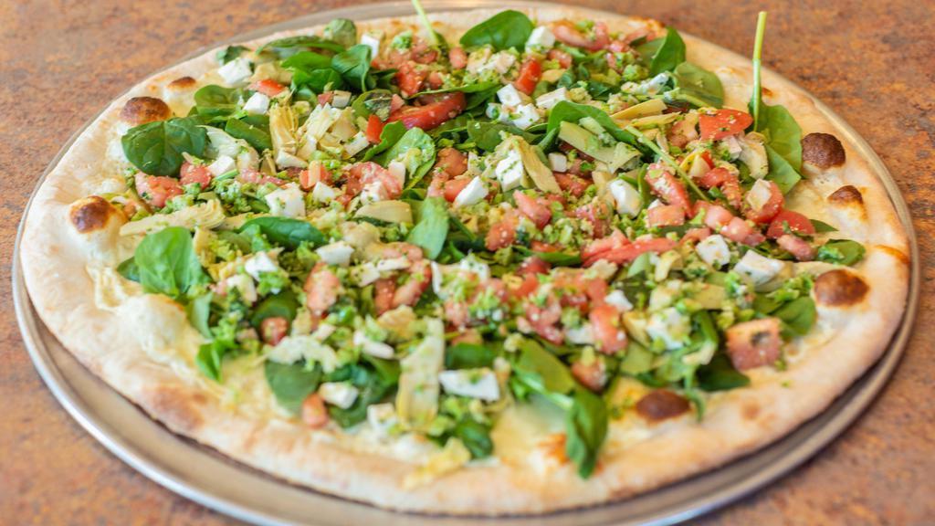 Spinach Salad Pizza · Artichoke, broccoli, tomatoes, spinach and mozzarella.
