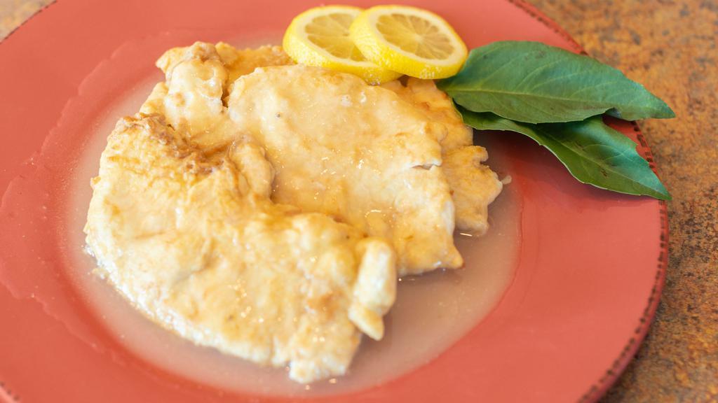 Chicken Francaise · Boneless breast of chicken dipped in flour and egg, sautÃ©ed with butter, lemon and wine. Served with pasta and salad.