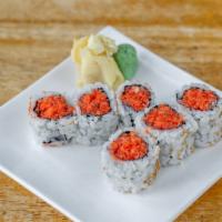 Spicy Tuna Roll · Mixed with crunch, roll-cut into 6 pieces, hand roll one piece with cone shape. Spicy.