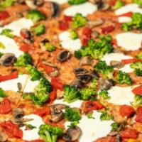 Arabiata Pizza · Broccoli rabe, mushrooms, roasted peppers, and fresh mozzarella.