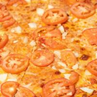 Focaccia Pizza · Basil, tomato, onions, and fresh garlic.