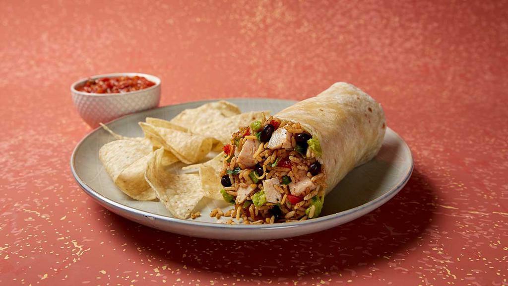 Homewrecker Burrito · Tortilla wrapped with seasoned rice, beans, shredded cheese, pico de gallo, handcrafted guacamole and choice of protein. Served with Free Chips and Salsa.