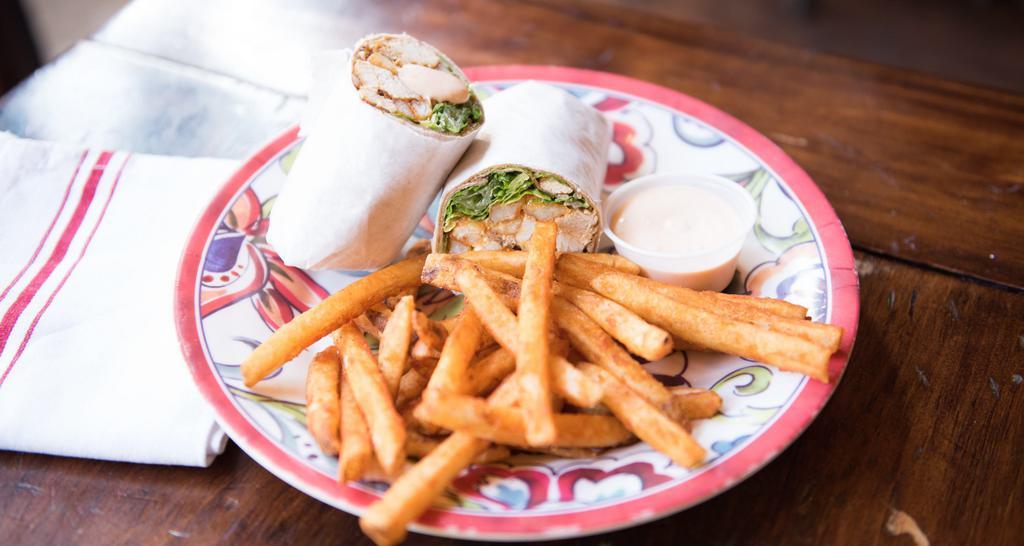 Kifta Wrap  · Spiced chicken, fries, lettuce, tomatoes, tzatziki and chipotle mayo on a whole wheat wrap. Served with side salad.