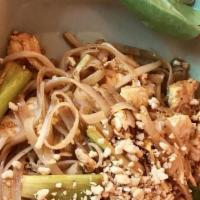 Pad Thai · Famous Thai noodle sautéed with egg, scallion, bean curd, crunched peanut and bean sprout.