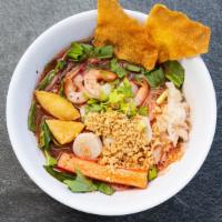 Yen Ta Fo Noodle Soup · Red tofu paste with shrimp, fish ball and mushroom.