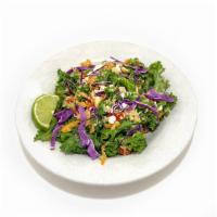 Thai Kale Salad · Kale, quinoa, carrots, red peppers, purple cabbage, red onion, cilantro, toasted cashews, cr...