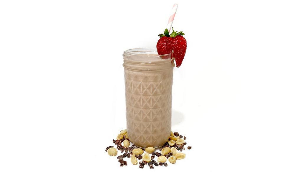 Choco Strawb Pb Banana Smoothie · 12oz smoothie prepared with strawberries, banana, coconut milk, peanut butter, housemade chocolate syrup & a dash of local maple syrup. Vegan, gluten-free, soy-free. Contains nuts.