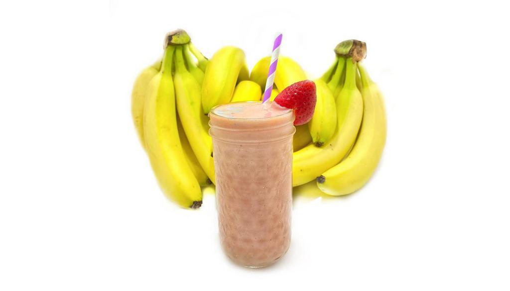 Strawberry Banana Smoothie · Prepared with strawberries, banana, coconut milk & a dash of local maple syrup. Vegan, gluten-free, nut-free, soy-free.