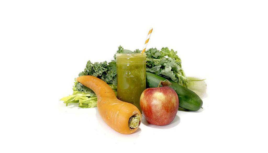 The Alkalizer Aka 'Swamp Thing' Juice · 12oz made from freshly-juiced carrot, kale, cucumber, celery, apple, lemon. Vegan, gluten-free, nut-free, soy-free.