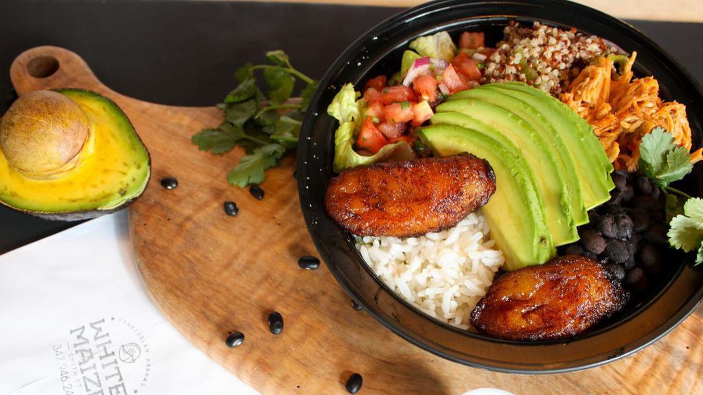 Pulled Chicken · Each bowl filled with white rice sweet fried plantains black beans pico de gallo avocado fresh white cheese & gouda cheese.