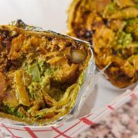 Aloo Gobi Muttar Frankie · Spiced potatoes, cauliflower & green peas.