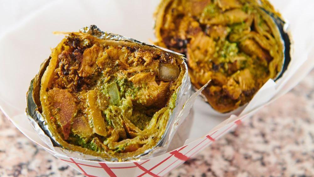 Aloo Gobi Muttar Frankie · Spiced potatoes, cauliflower & green peas.