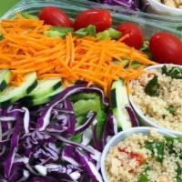 Greens & Proteins Salad · Choice of Kale or Spinach Base, choice of Chickpea Salad or Quinoa Salad + shredded cabbage,...