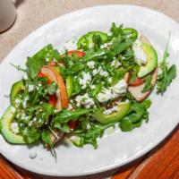 Avocado Toast · Avocado, tomato, arugula, crumbled Feta, a drizzle of extra virgin olive oil.  On white, whe...