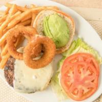 Avocado Burger · Avocado, double Swiss cheese, lettuce, tomato and onion rings.  All burgers served on a sesa...